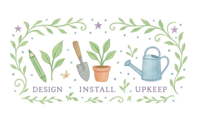 Vetiver Living – indoor and outdoor living services in Toronto, ON: graphic illustrating process steps—design, install, and upkeep—with plants, planter, shovel, and watering can