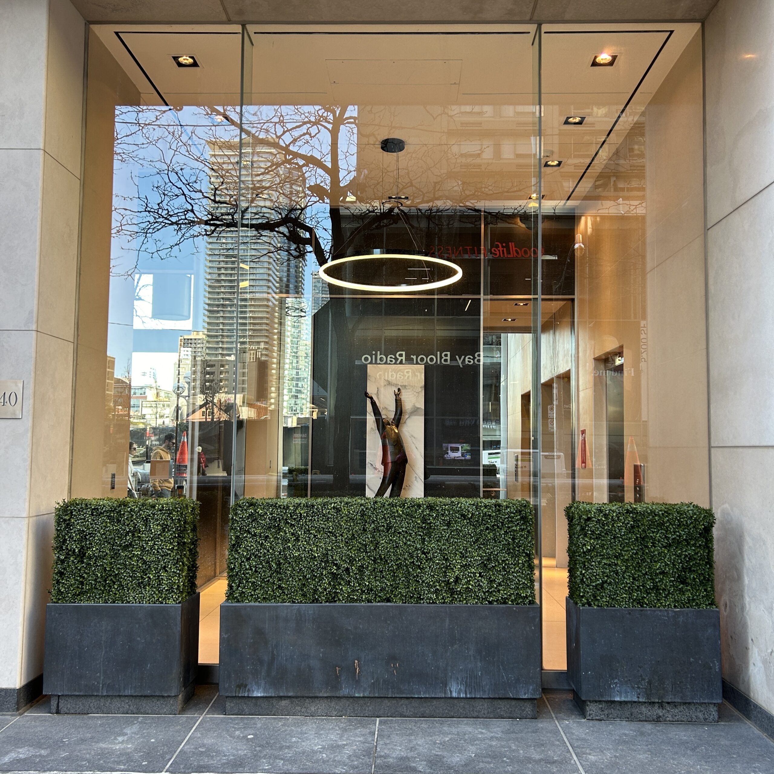 Vetiver Living – outdoor living and garden design in Toronto, ON: alternate angle of custom outdoor boxwood design at storefront