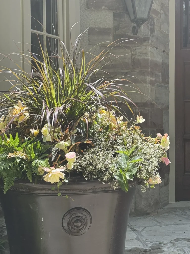 Decorative planter filled with cascading greenery, yellow flowers, and ornamental grasses.